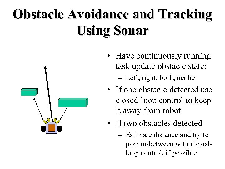 Obstacle Avoidance and Tracking Using Sonar • Have continuously running task update obstacle state: