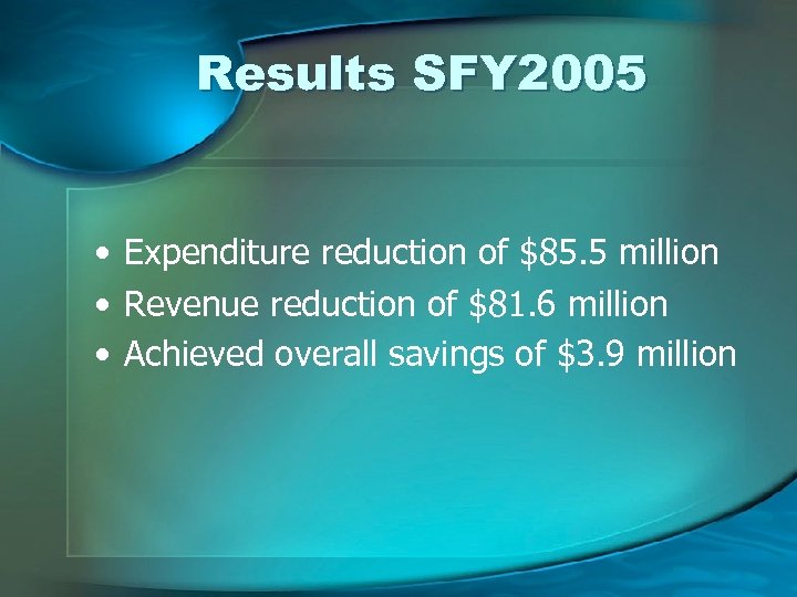 Results SFY 2005 • Expenditure reduction of $85. 5 million • Revenue reduction of