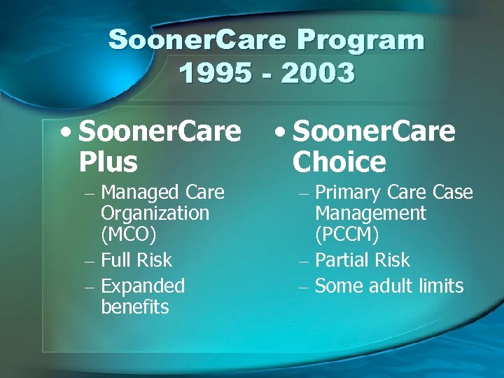 Sooner. Care Program 1995 - 2003 • Sooner. Care Plus – Managed Care Organization