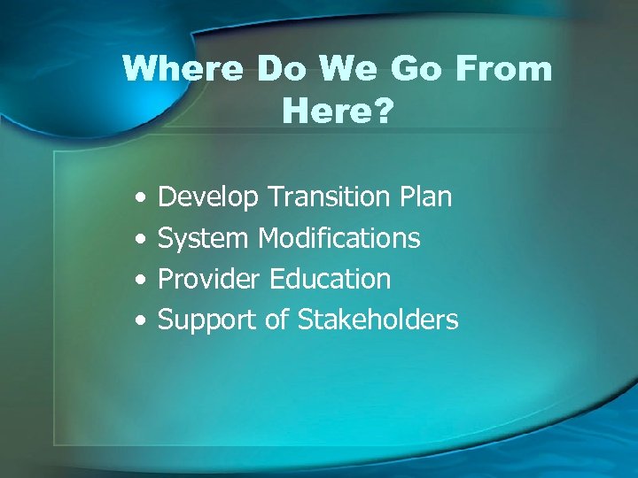 Where Do We Go From Here? • • Develop Transition Plan System Modifications Provider