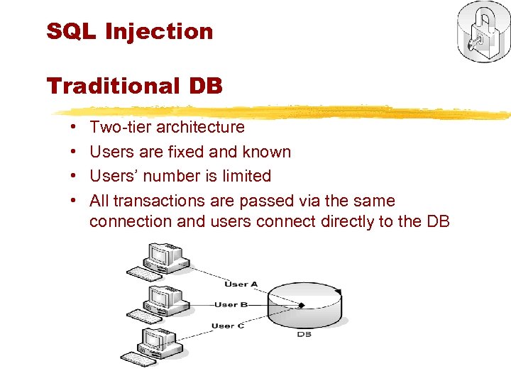 SQL Injection Traditional DB • • Two-tier architecture Users are fixed and known Users’