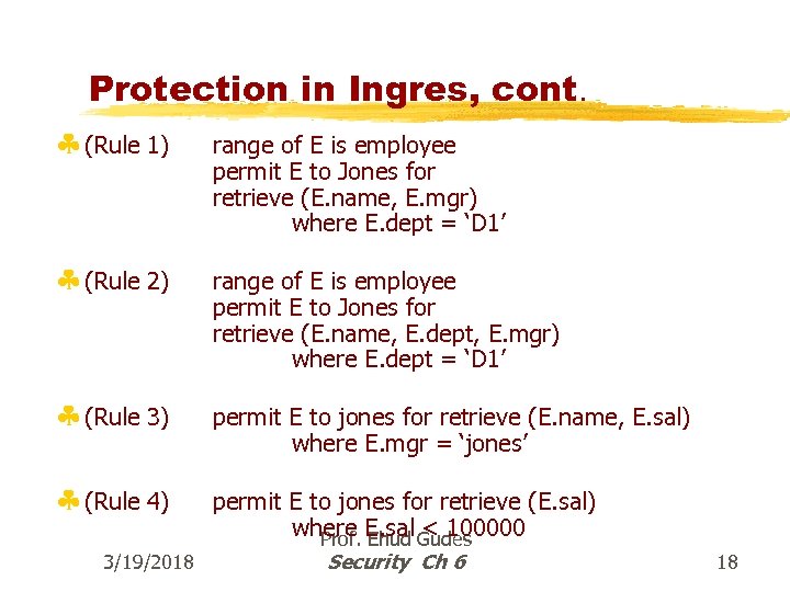 Protection in Ingres, cont. § (Rule 1) § (Rule 2) § (Rule 3) §