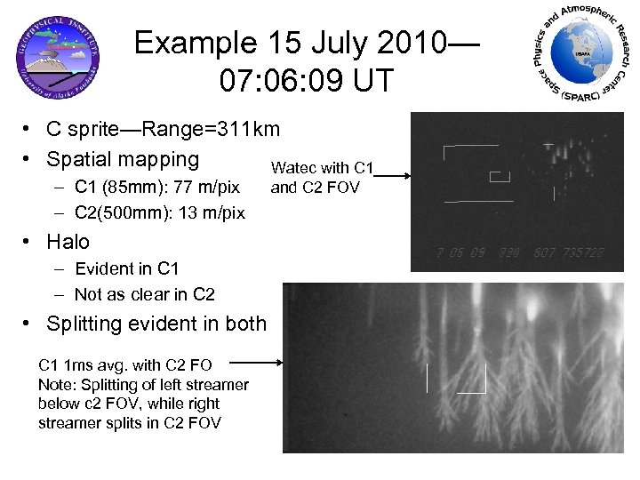 Example 15 July 2010— 07: 06: 09 UT • C sprite—Range=311 km • Spatial