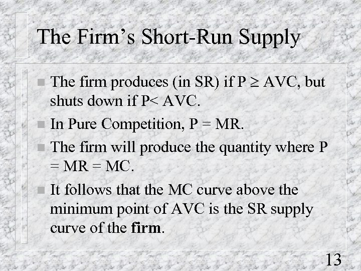 The Firm’s Short-Run Supply The firm produces (in SR) if P ³ AVC, but