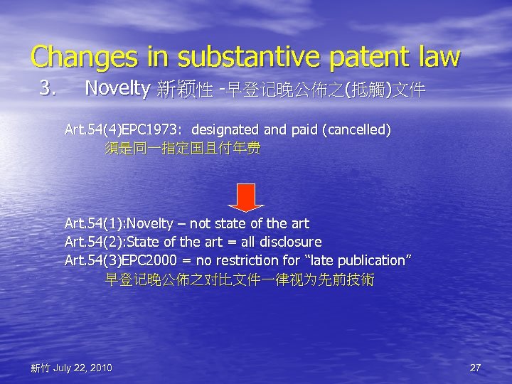 Changes in substantive patent law 3. Novelty 新颖性 -早登记晚公佈之(抵觸)文件 Art. 54(4)EPC 1973: designated and