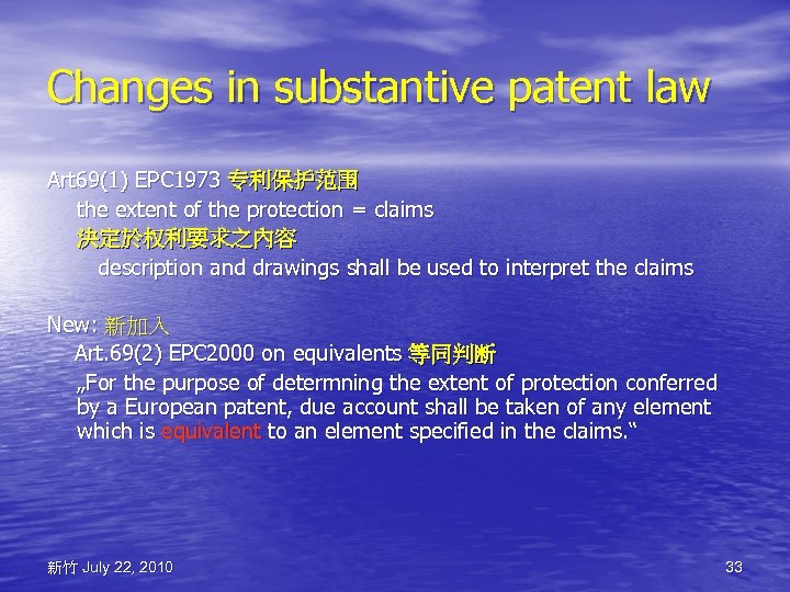 Changes in substantive patent law Art 69(1) EPC 1973 专利保护范围 the extent of the