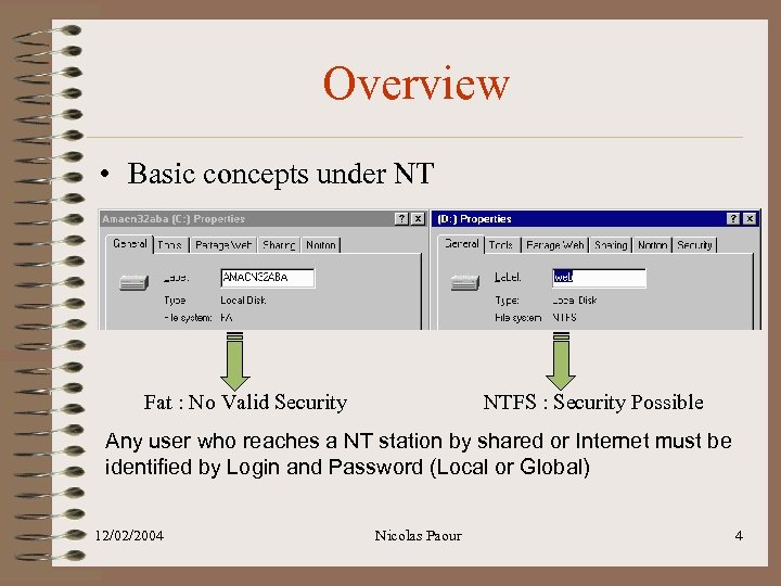 Overview • Basic concepts under NT Fat : No Valid Security NTFS : Security