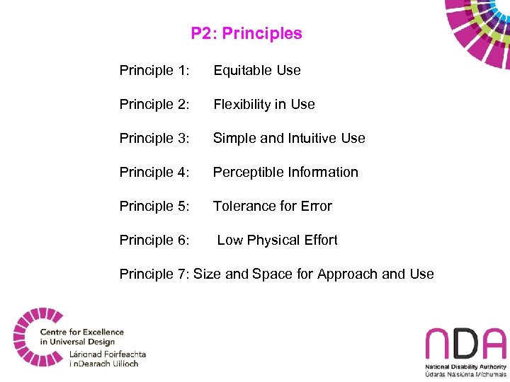 P 2: Principles Principle 1: Equitable Use Principle 2: Flexibility in Use Principle 3: