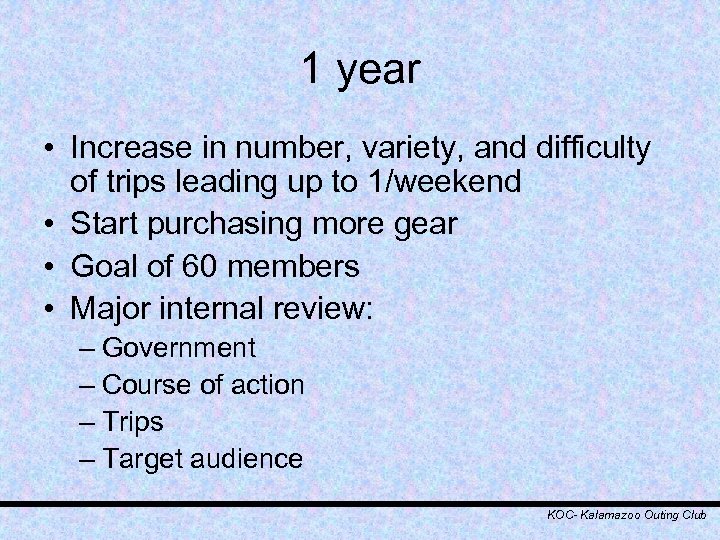1 year • Increase in number, variety, and difficulty of trips leading up to