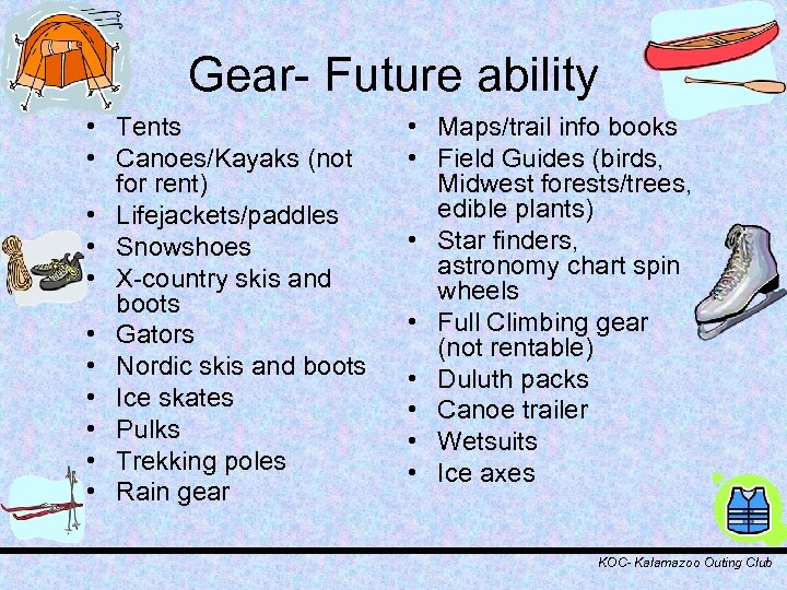 Gear- Future ability • Tents • Canoes/Kayaks (not for rent) • Lifejackets/paddles • Snowshoes