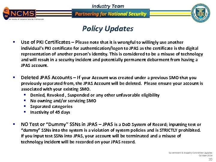 Industry Team Government Industry Committee Updates October