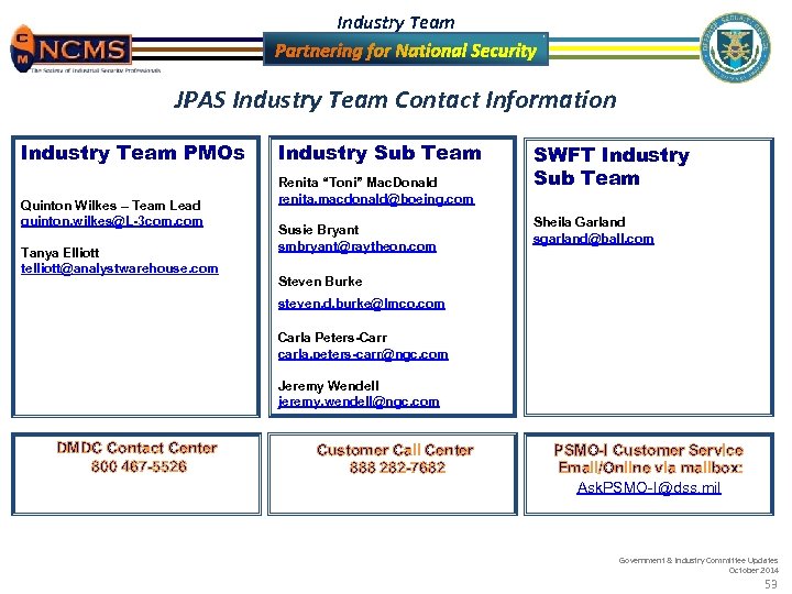 Industry Team Government Industry Committee Updates October