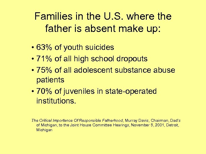 Families in the U. S. where the father is absent make up: • 63%