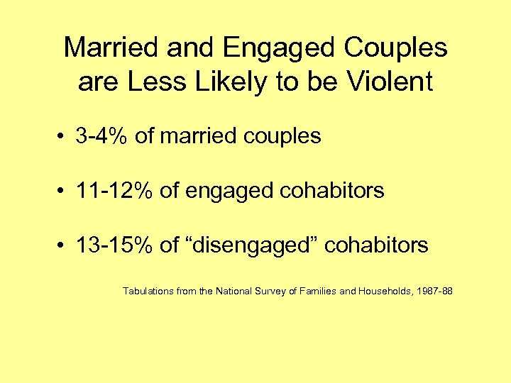 Married and Engaged Couples are Less Likely to be Violent • 3 -4% of