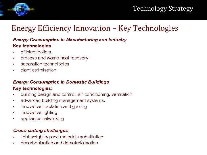 Technology Strategy Energy Efficiency Innovation – Key Technologies Energy Consumption in Manufacturing and Industry