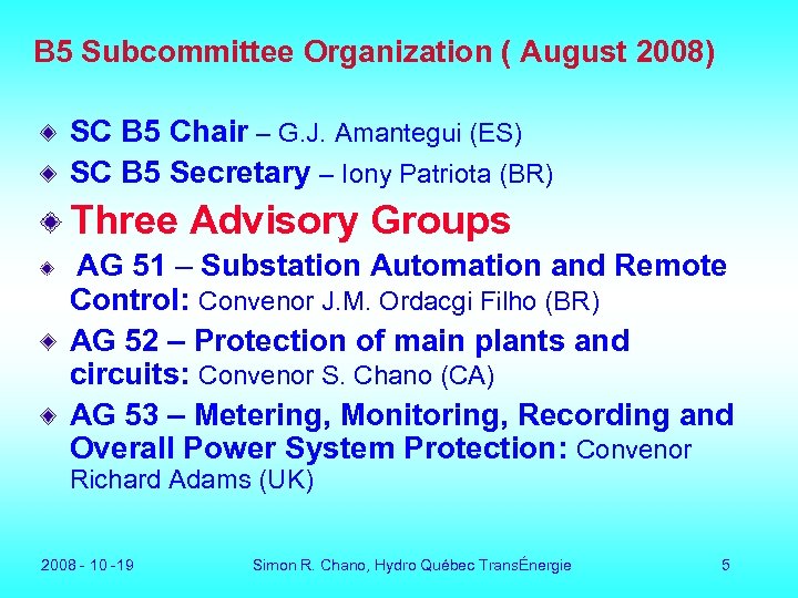 B 5 Subcommittee Organization ( August 2008) SC B 5 Chair – G. J.