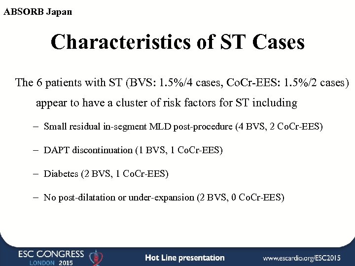 ABSORB Japan Characteristics of ST Cases The 6 patients with ST (BVS: 1. 5%/4