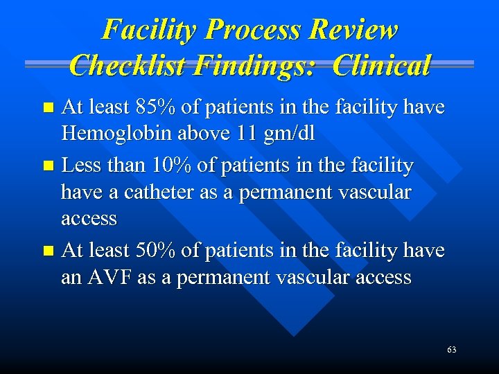Facility Process Review Checklist Findings: Clinical At least 85% of patients in the facility