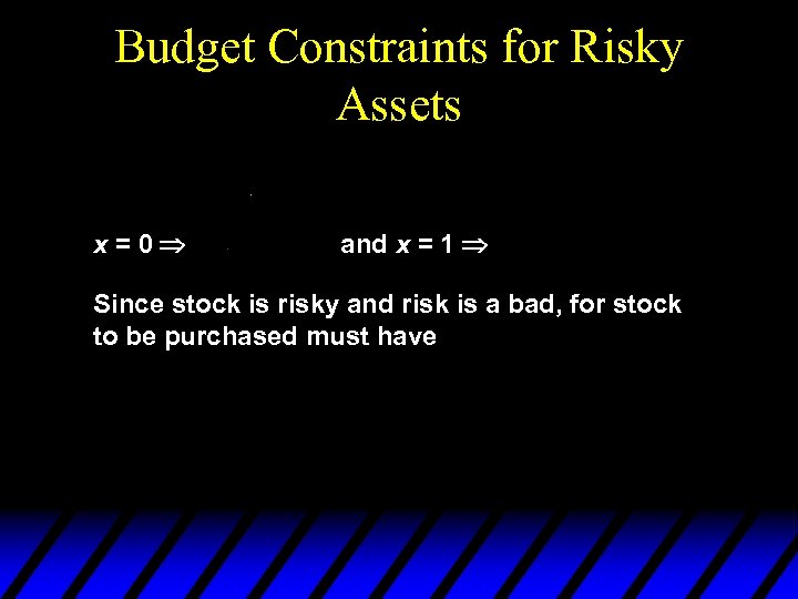 Budget Constraints for Risky Assets x=0 and x = 1 Since stock is risky