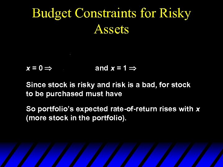 Budget Constraints for Risky Assets x=0 and x = 1 Since stock is risky