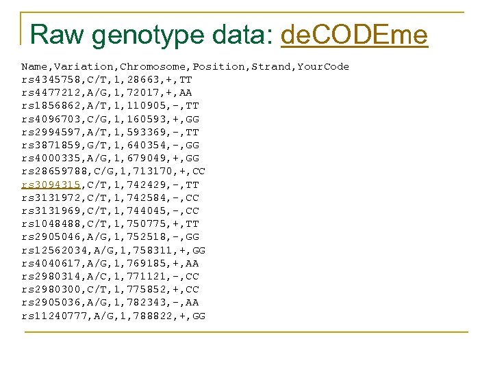 Raw genotype data: de. CODEme Name, Variation, Chromosome, Position, Strand, Your. Code rs 4345758,