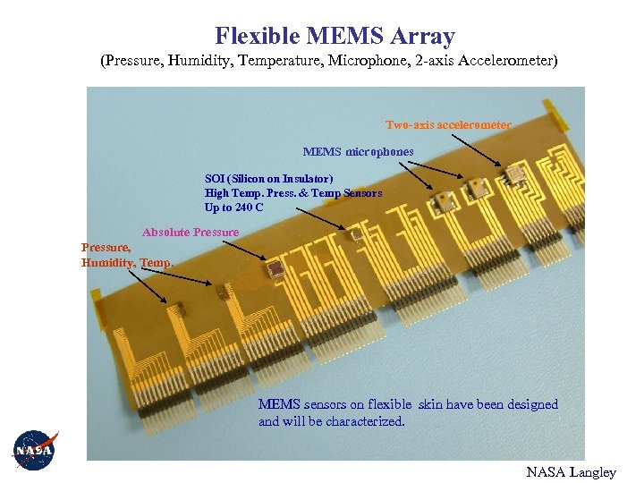 Flexible MEMS Array (Pressure, Humidity, Temperature, Microphone, 2 -axis Accelerometer) Two-axis accelerometer MEMS microphones