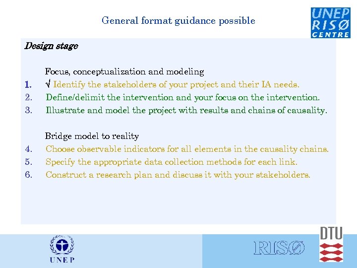 General format guidance possible Design stage 1. 2. 3. Focus, conceptualization and modeling √