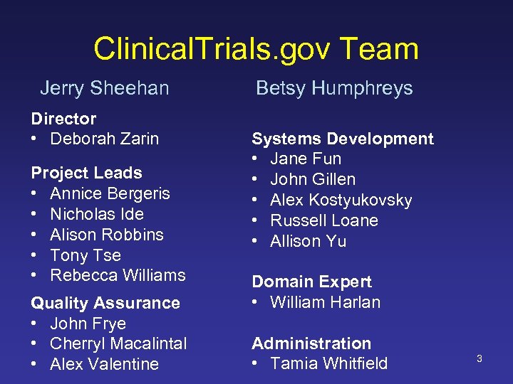 Clinical. Trials. gov Team Jerry Sheehan Director • Deborah Zarin Project Leads • Annice
