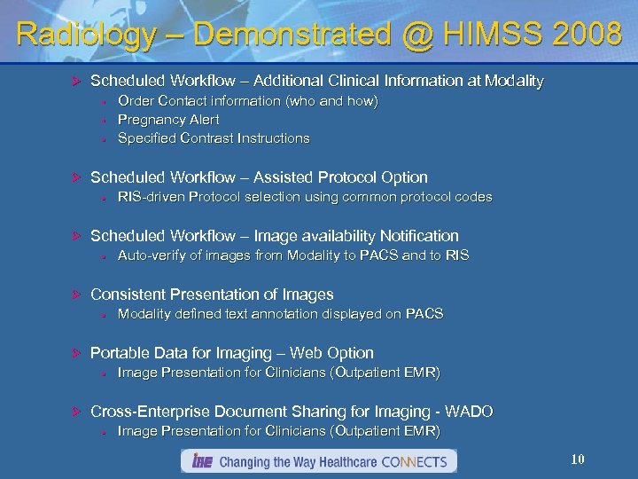 Radiology – Demonstrated @ HIMSS 2008 Ø Scheduled Workflow – Additional Clinical Information at