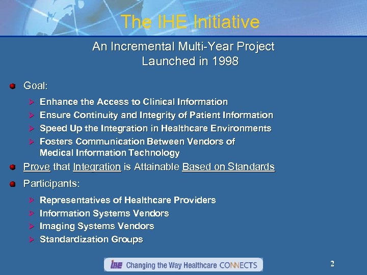 The IHE Initiative An Incremental Multi-Year Project Launched in 1998 Goal: Ø Enhance the