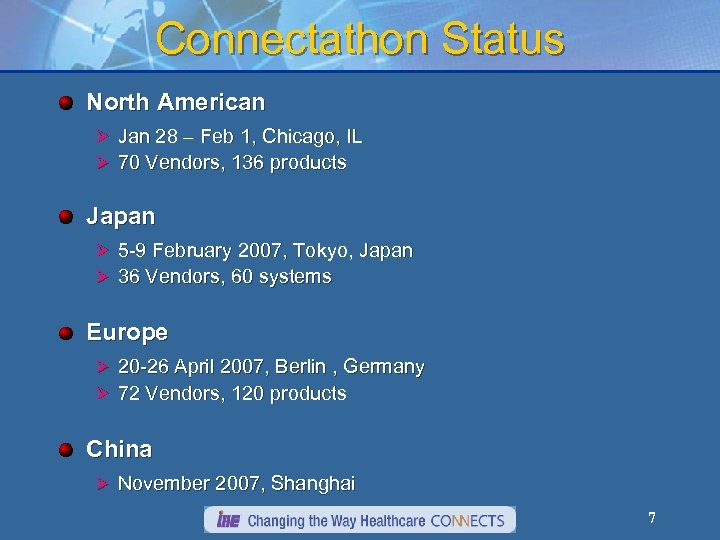 Connectathon Status North American Ø Jan 28 – Feb 1, Chicago, IL Ø 70