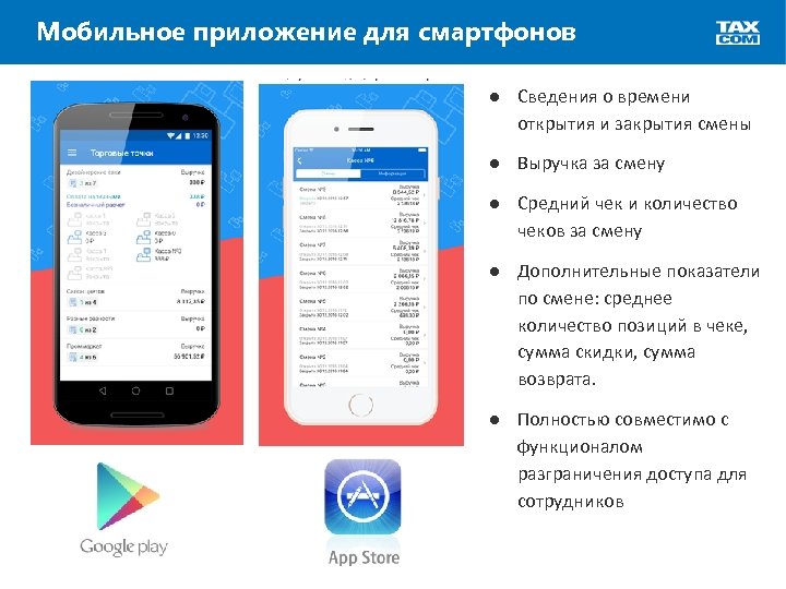 Мобильное приложение для смартфонов ● Сведения о времени открытия и закрытия смены ● Выручка