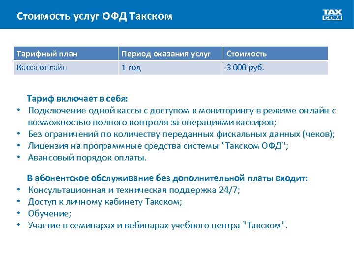 Стоимость услуг ОФД Такском Тарифный план Период оказания услуг Стоимость Касса онлайн 1 год