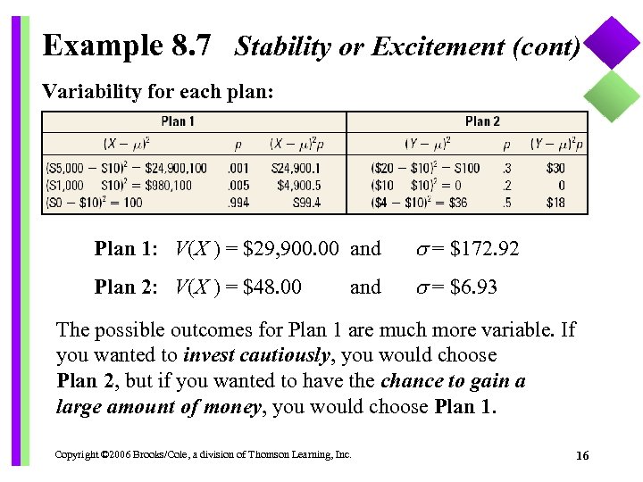 Example 8. 7 Stability or Excitement (cont) Variability for each plan: Plan 1: V(X
