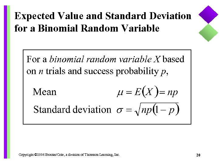 Expected Value and Standard Deviation for a Binomial Random Variable For a binomial random