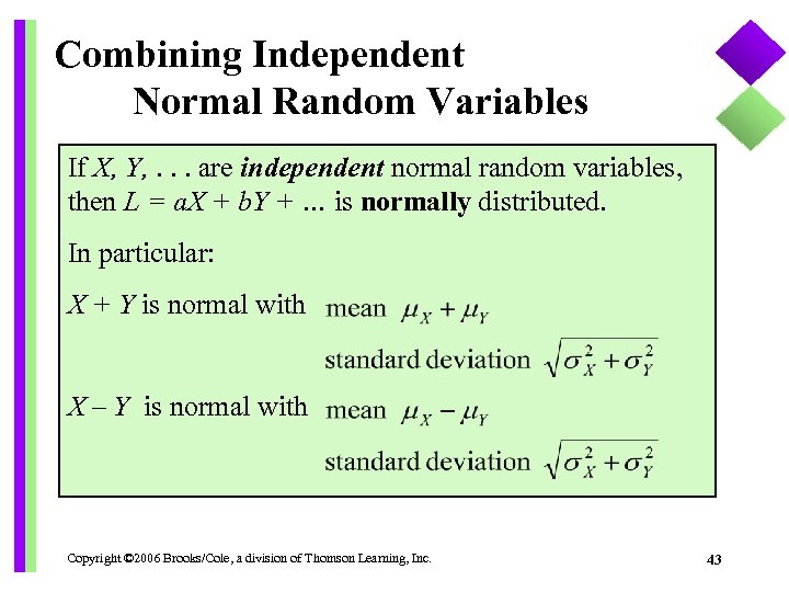 Combining Independent Normal Random Variables If X, Y, . . . are independent normal