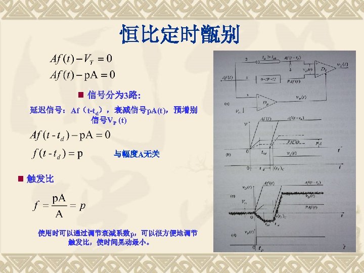恒比定时甑别 信号分为 3路: 延迟信号：Af（t-td），衰减信号p. A(t)，预增别 信号VP (t) 与幅度A无关 触发比 使用时可以通过调节衰减系数p，可以很方便地调节 触发比，使时间晃动最小。 