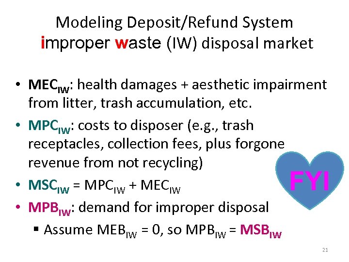 Modeling Deposit/Refund System improper waste (IW) disposal market • MECIW: health damages + aesthetic