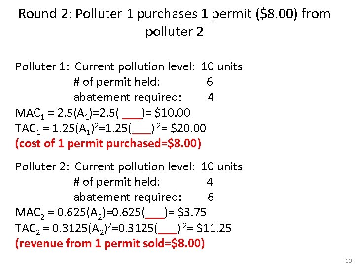 Round 2: Polluter 1 purchases 1 permit ($8. 00) from polluter 2 Polluter 1: