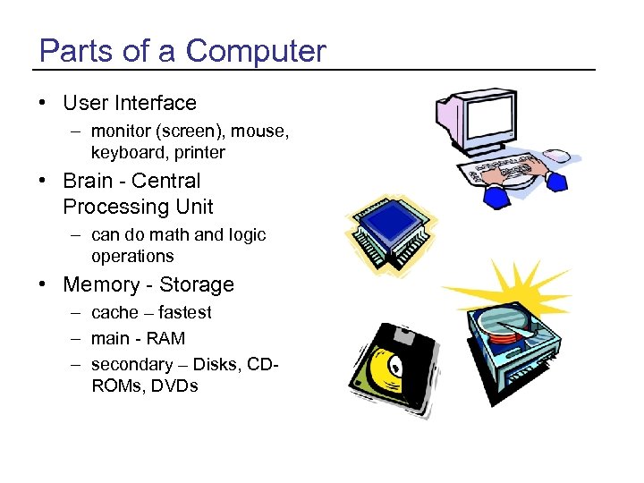 Parts of a Computer • User Interface – monitor (screen), mouse, keyboard, printer •