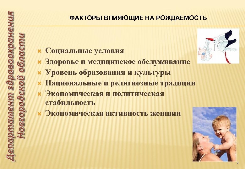 ФАКТОРЫ ВЛИЯЮЩИЕ НА РОЖДАЕМОСТЬ Социальные условия Здоровье и медицинское обслуживание Уровень образования и культуры