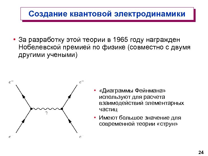 Создание квантовой электродинамики • За разработку этой теории в 1965 году награжден Нобелевской премией