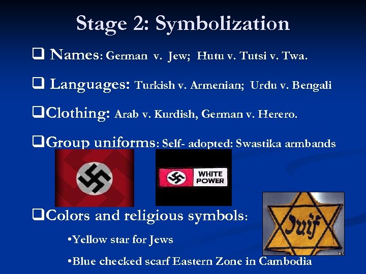 Stage 2: Symbolization q Names: German v. Jew; Hutu v. Tutsi v. Twa. q