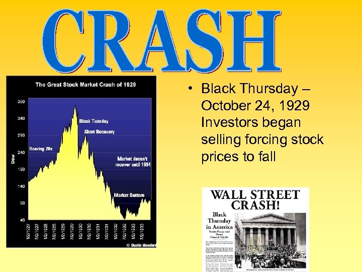  • Black Thursday – October 24, 1929 Investors began selling forcing stock prices
