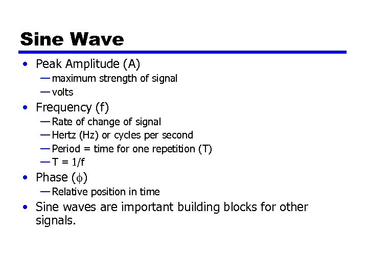 Sine Wave • Peak Amplitude (A) — maximum strength of signal — volts •