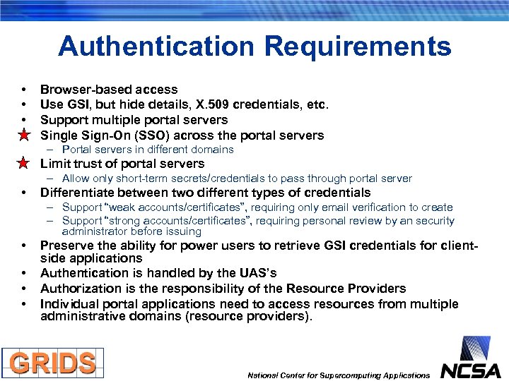 Authentication Requirements • • Browser-based access Use GSI, but hide details, X. 509 credentials,