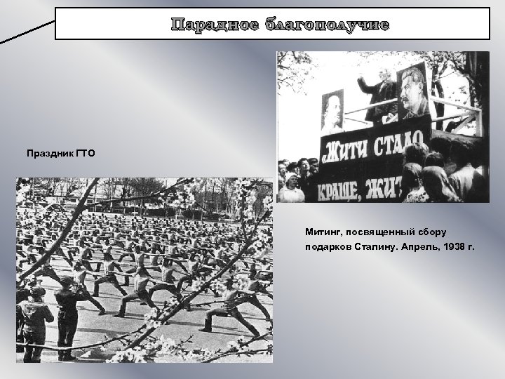 Парадное благополучие Праздник ГТО Митинг, посвященный сбору подарков Сталину. Апрель, 1938 г. 