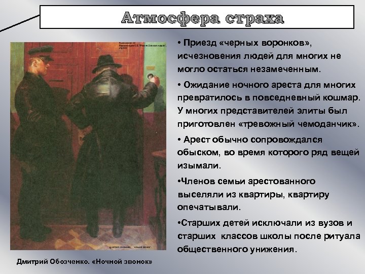 Атмосфера страха • Приезд «черных воронков» , исчезновения людей для многих не могло остаться