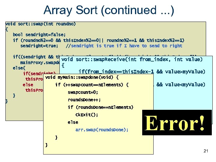 Array Sort (continued. . . ) void sort: : swap(int roundno) { bool sendright=false;