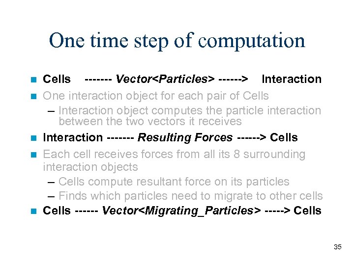 One time step of computation Cells ------- Vector<Particles> ------> Interaction One interaction object for